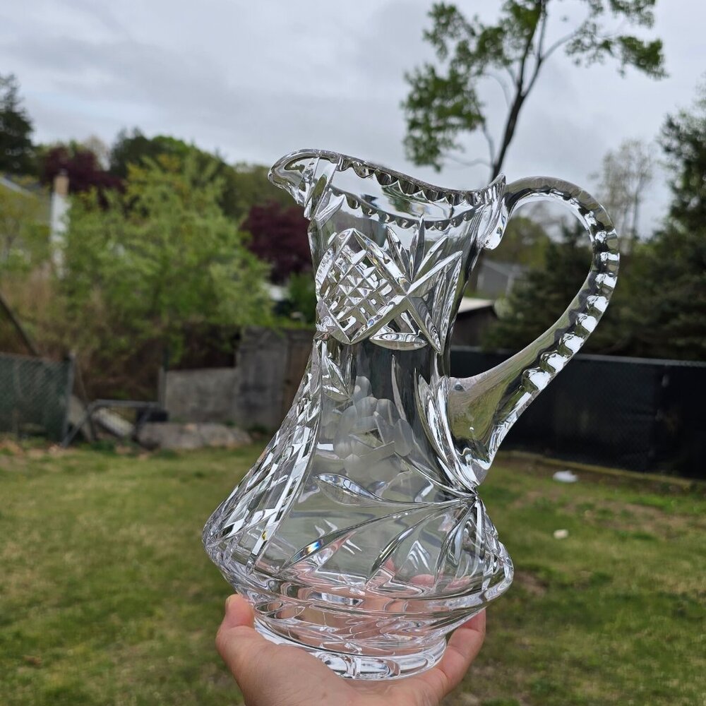 Etched Heavy Cut Crystal Pitcher Decanter Handle Floral Motif - Picture 8 of 14